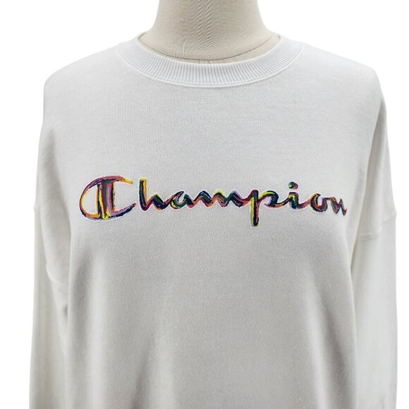 NWD Champion Powerblend White Multicolor Spell Out Sweatshirt Womens Large - Picture 2 of 13